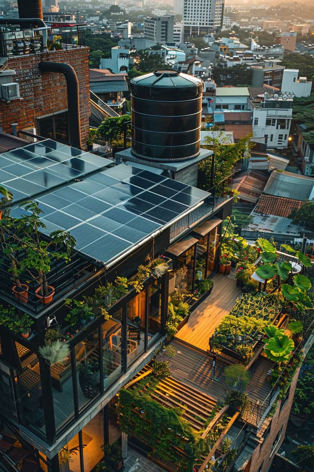 Paneles solares en la azotea de un resturante